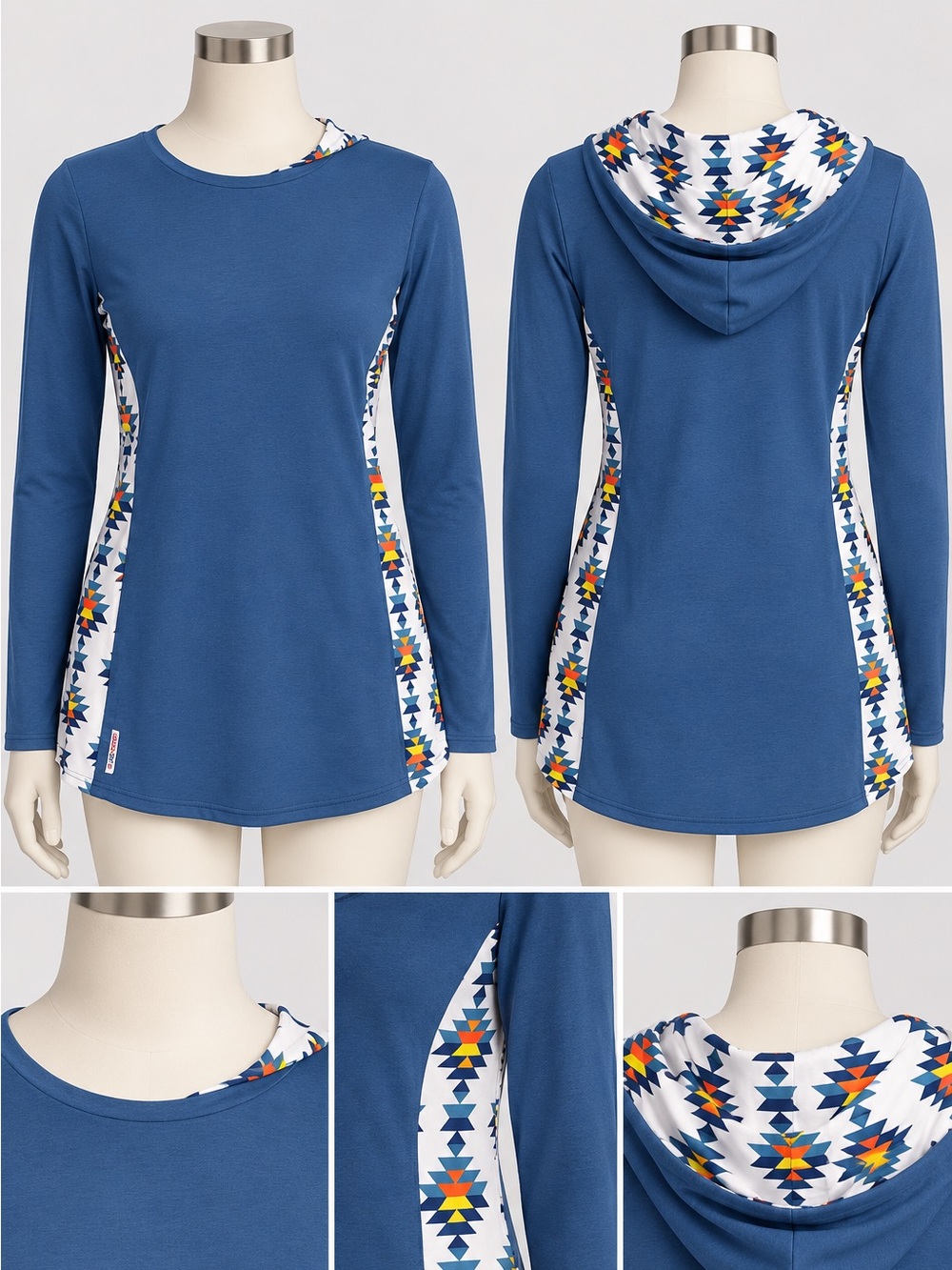 NWT SWOOP Alaska Hooded Tunic Small Blue Geometric Modal Long Sleeve Top